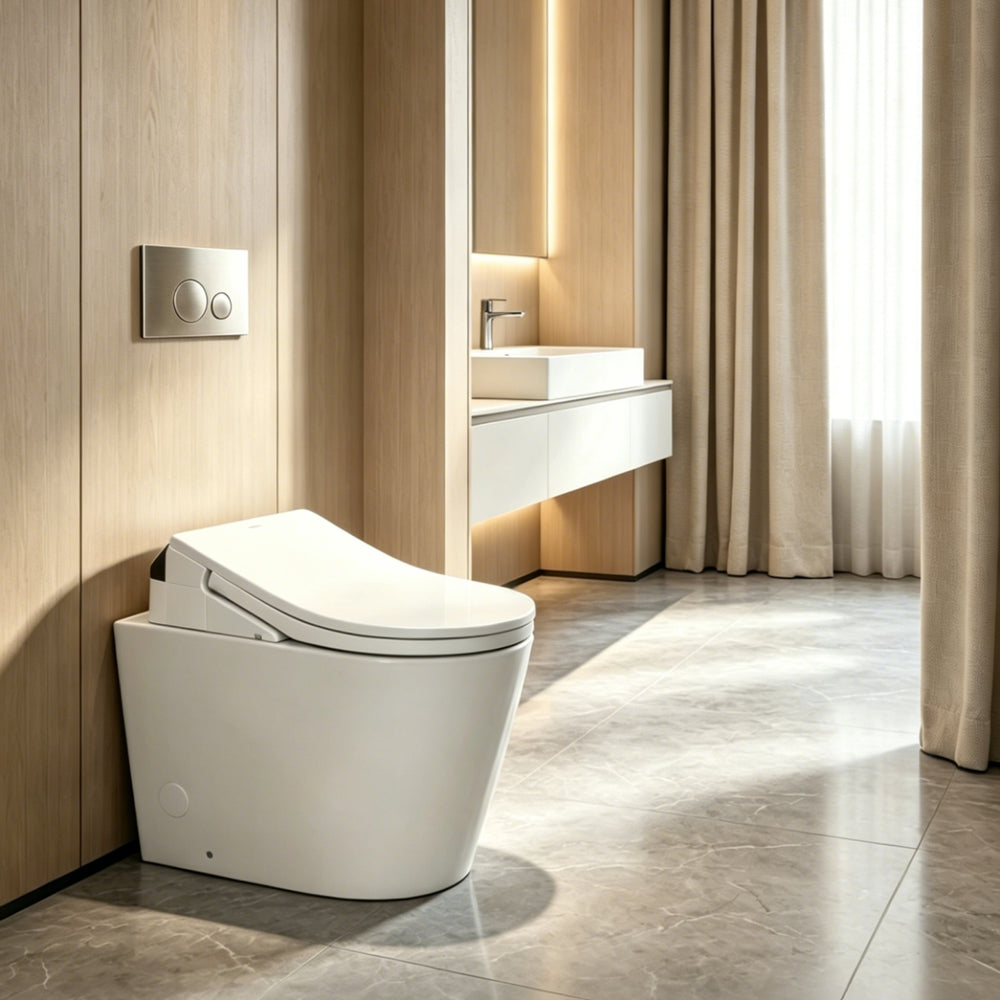 TOTO RX WASHLET W/ REMOTE CONTROL AND B&H DARA WALL FACED TOILET PACKAGE D-SHAPE GLOSS WHITE