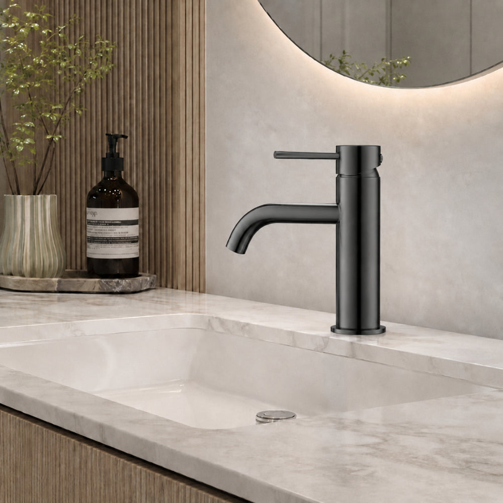 VITO BASIN MIXER WITH CURVED SPOUT GUN METAL