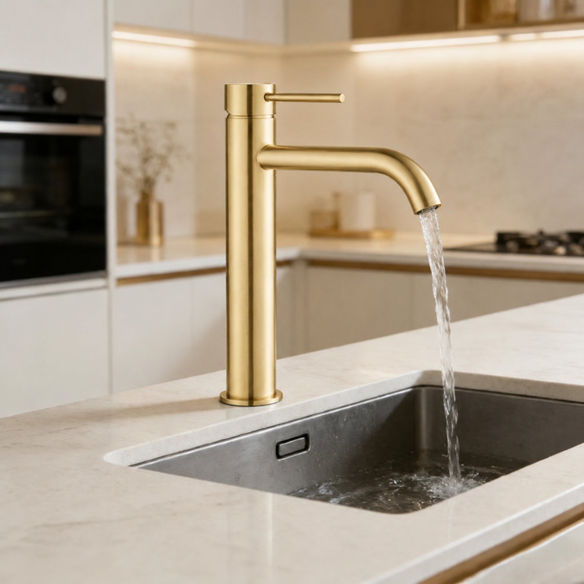 VITO TALL BASIN MIXER WITH CURVED SPOUT BRUSHED GOLD