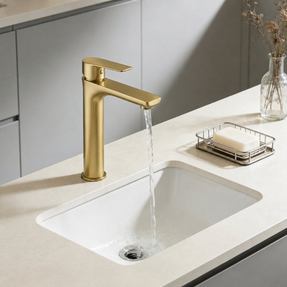 VITO TALL BASIN MIXER WITH FLAT SPOUT BRUSHED GOLD