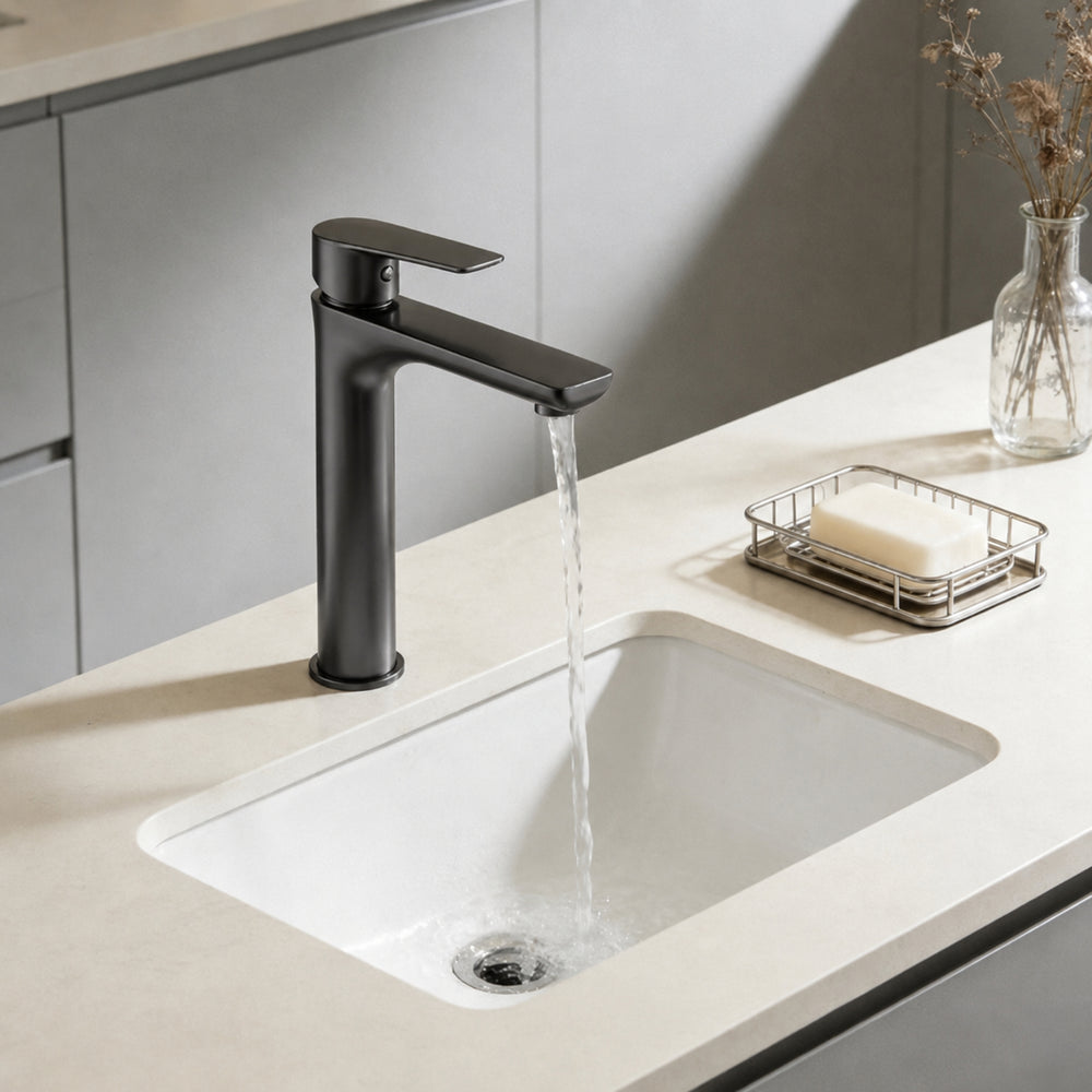 VITO TALL BASIN MIXER WITH FLAT SPOUT GUN METAL