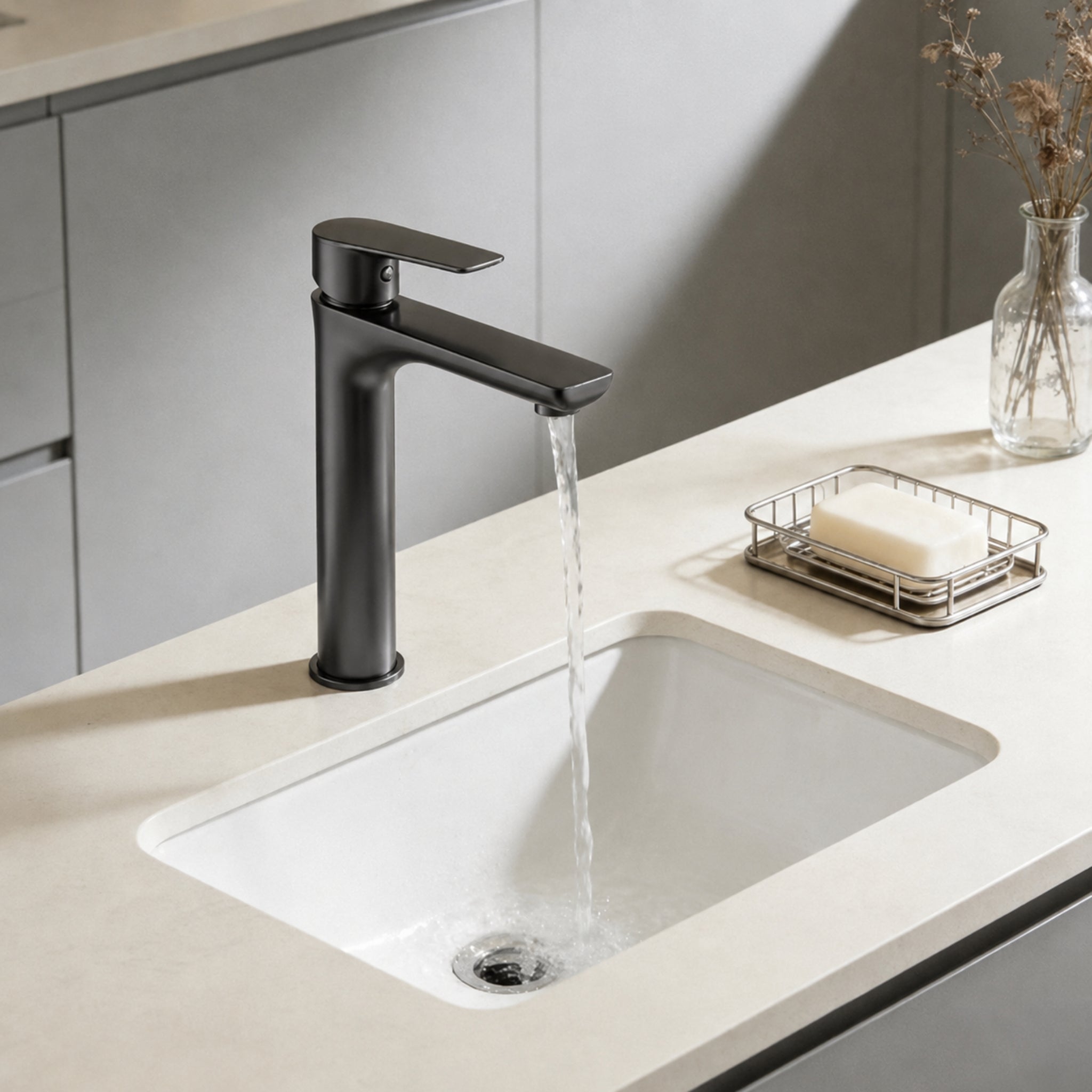 VITO TALL BASIN MIXER WITH FLAT SPOUT GUN METAL