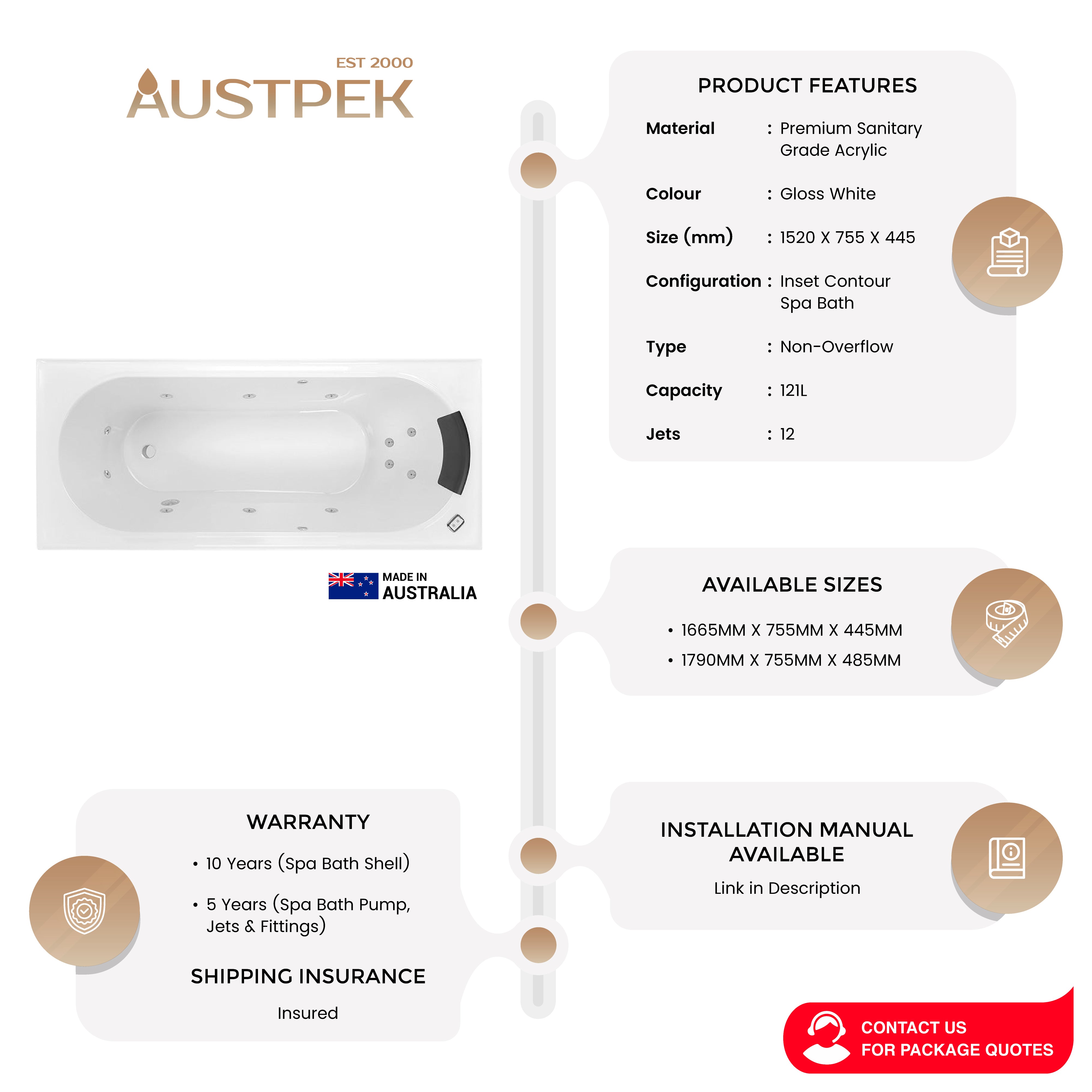 DECINA TURIN INSET CONTOUR SPA BATH GLOSS WHITE (AVAILABLE IN 1520MM, 1665MM AND 1790MM) WITH 12-JETS