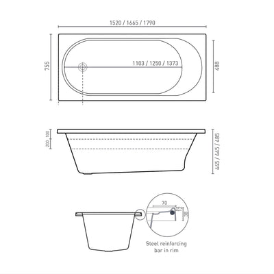DECINA TURIN INSET CONTOUR SPA BATH GLOSS WHITE (AVAILABLE IN 1520MM, 1665MM AND 1790MM) WITH 12-JETS