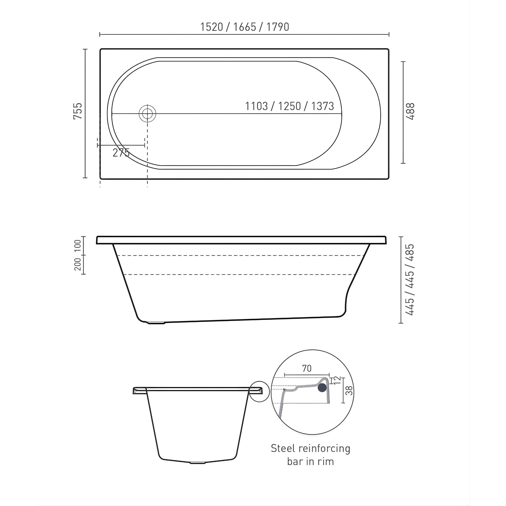 DECINA TURIN INSET BATH GLOSS WHITE (AVAILABLE IN 1520MM, 1665MM AND 1790MM)