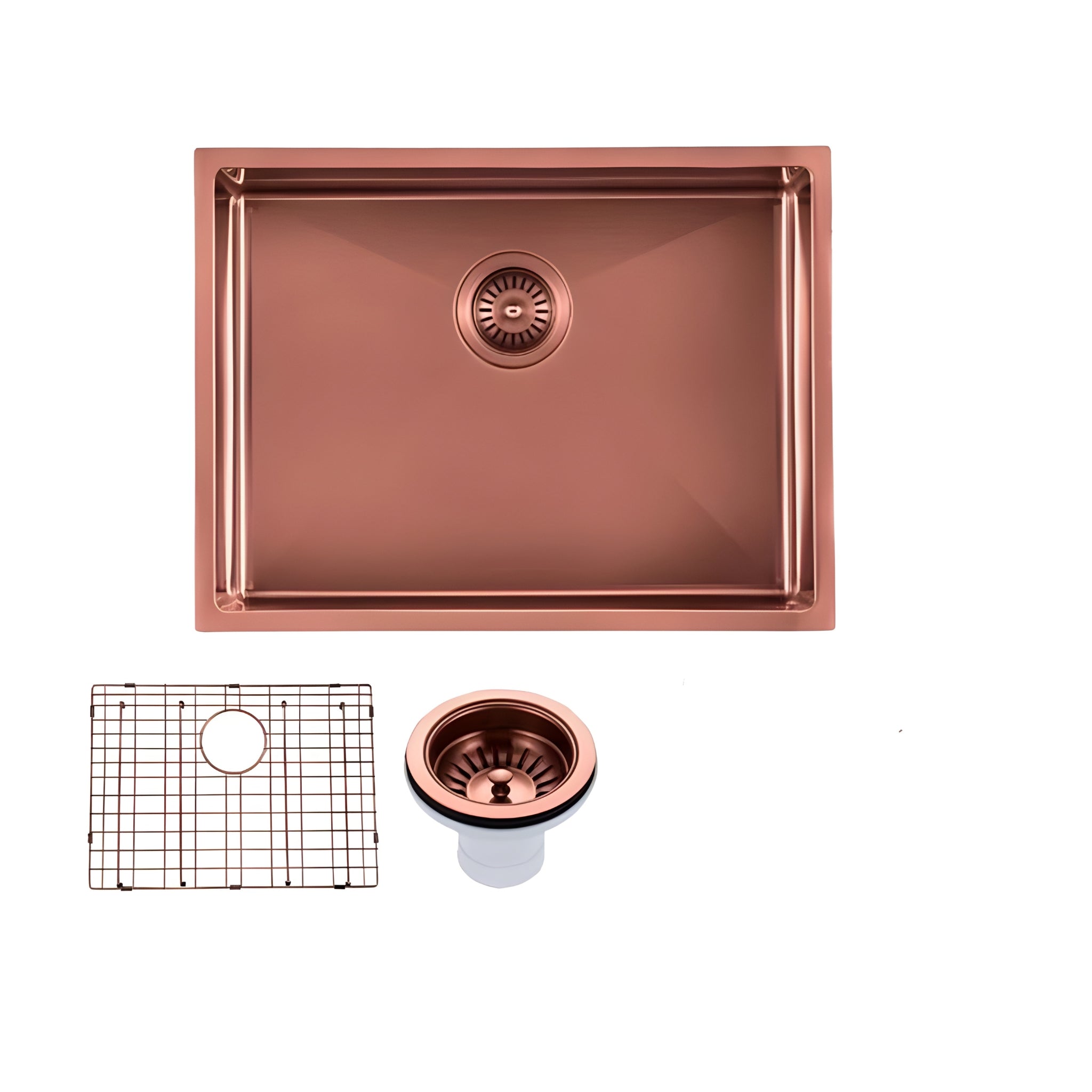 AQUAPERLA PVD COATING STAINLESS STEEL SINGLE BOWL SINK WITH BOTTOM GRID COPPER 600MM