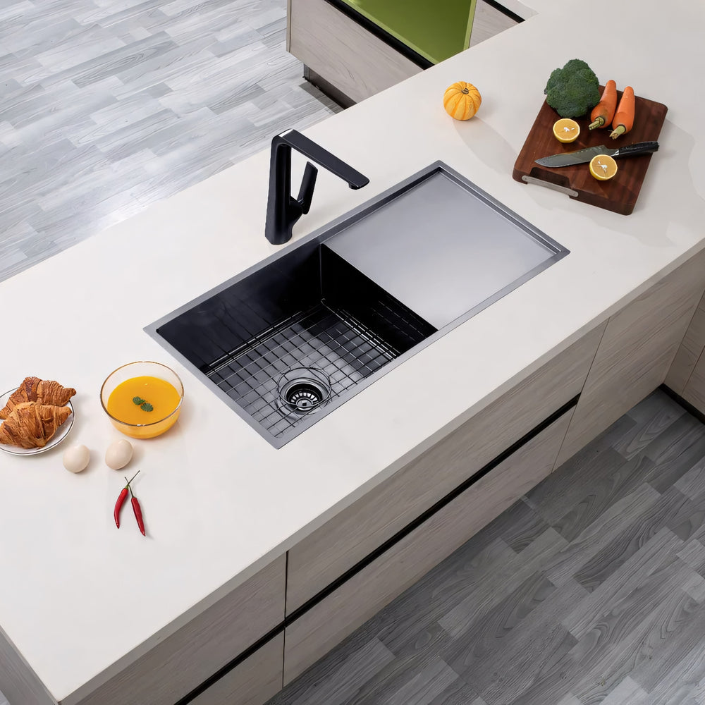 AQUAPERLA T304 TOP / UNDERMOUNT SINGLE BOWL HANDMADE SINK GUN METAL 960MM