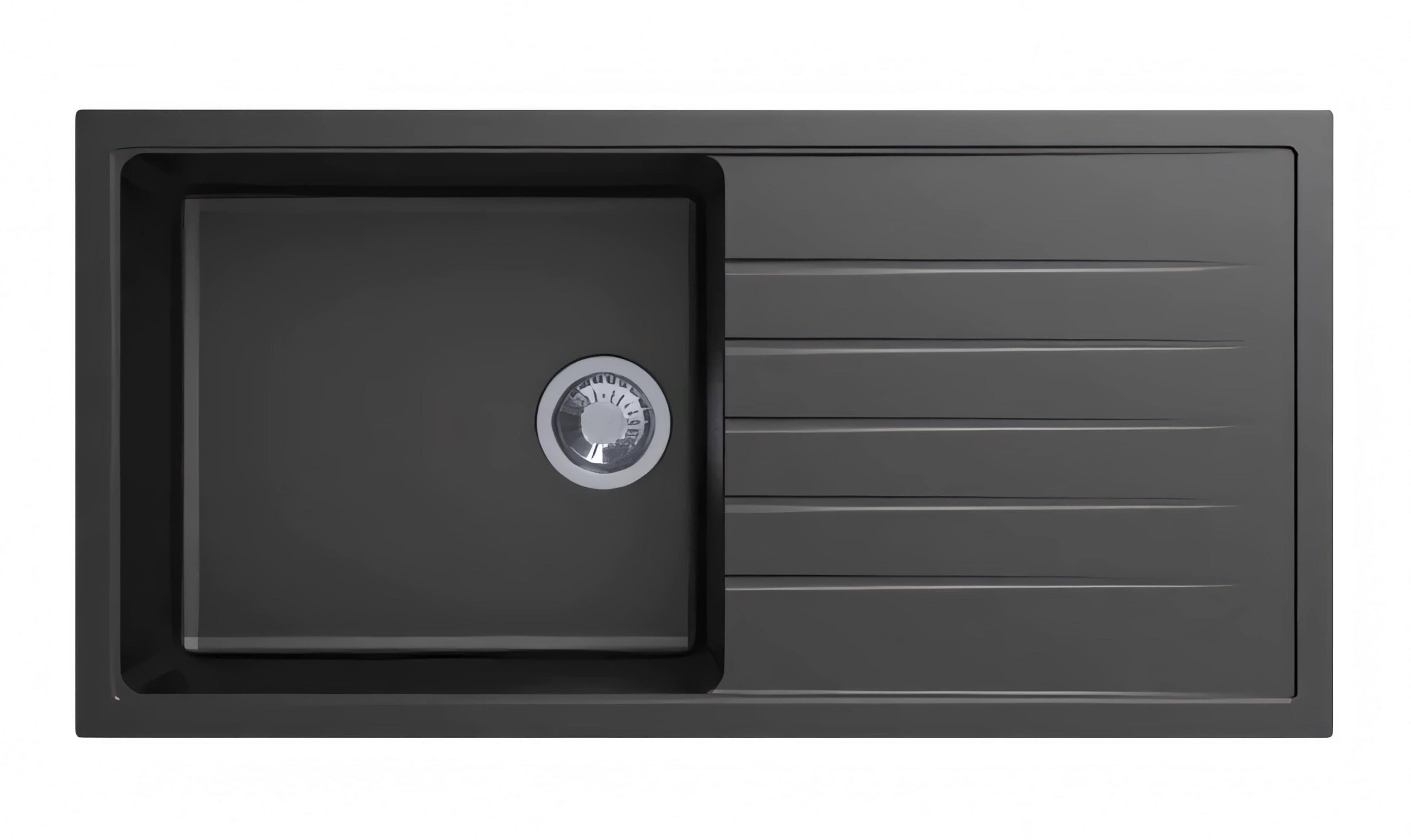 AQUAPERLA CARYSIL SINGLE BOWL WITH DRAINER BOARD GRANITE KITCHEN SINK BLACK 1000MM