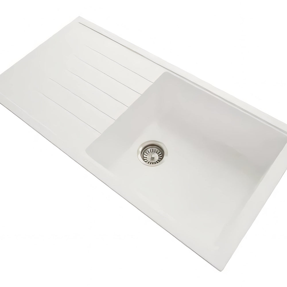 AQUAPERLA CARYSIL SINGLE BOWL WITH DRAINER BOARD GRANITE KITCHEN SINK WHITE 1000MM