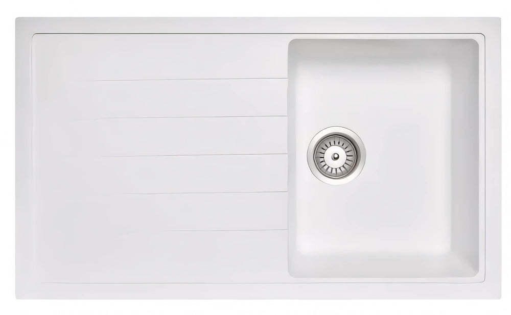 AQUAPERLA SINGLE BOWL WITH DRAINER BOARD GRANITE KITCHEN SINK WHITE 860MM