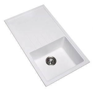 AQUAPERLA SINGLE BOWL WITH DRAINER BOARD GRANITE KITCHEN SINK WHITE 860MM