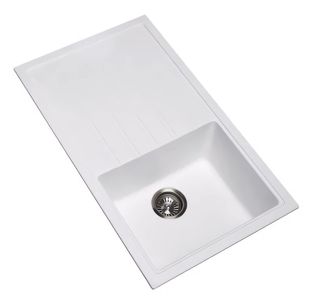 AQUAPERLA SINGLE BOWL WITH DRAINER BOARD GRANITE KITCHEN SINK WHITE 860MM