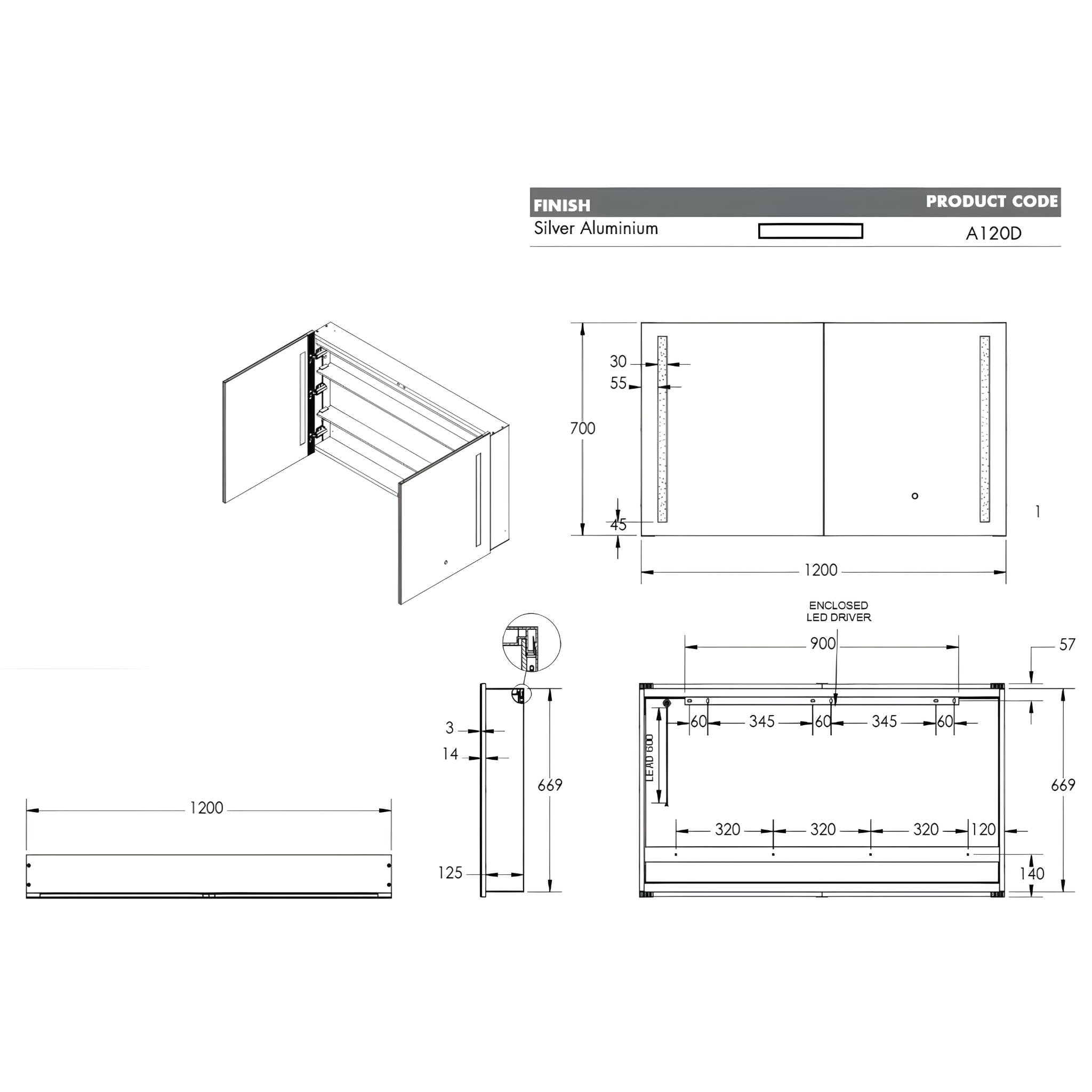 REMER AMBER SILVER LED SHAVING CABINET 1200X700MM