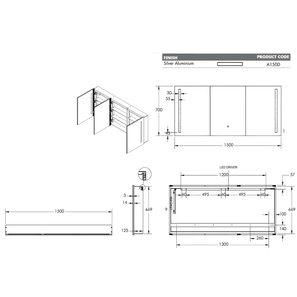 REMER AMBER SILVER LED SHAVING CABINET 1500X700MM