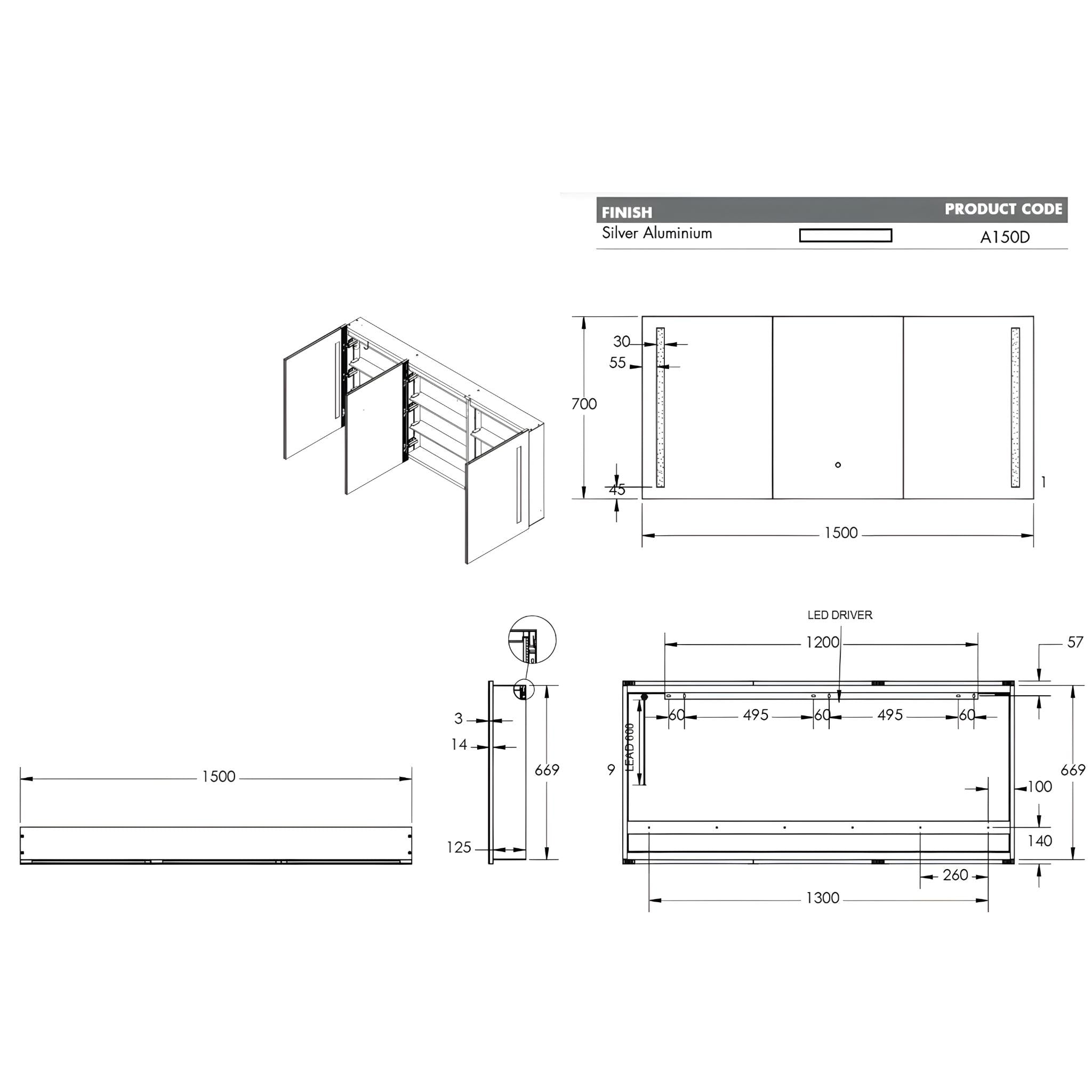 REMER AMBER SILVER LED SHAVING CABINET 1500X700MM