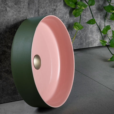 OLIVERI TERZOFOCO ROUND SHORT COUNTER TOP BASIN OLIVE AND SALMON 405MM