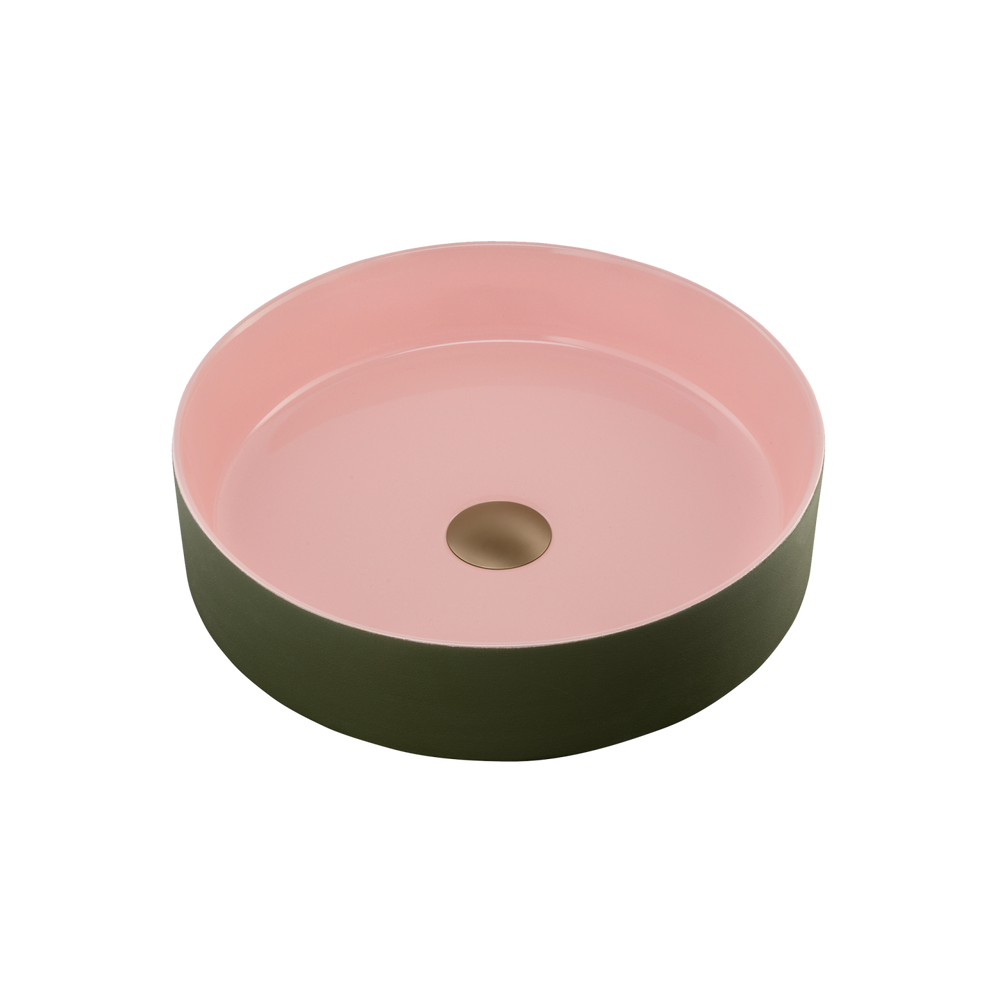 OLIVERI TERZOFOCO ROUND SHORT COUNTER TOP BASIN OLIVE AND SALMON 405MM