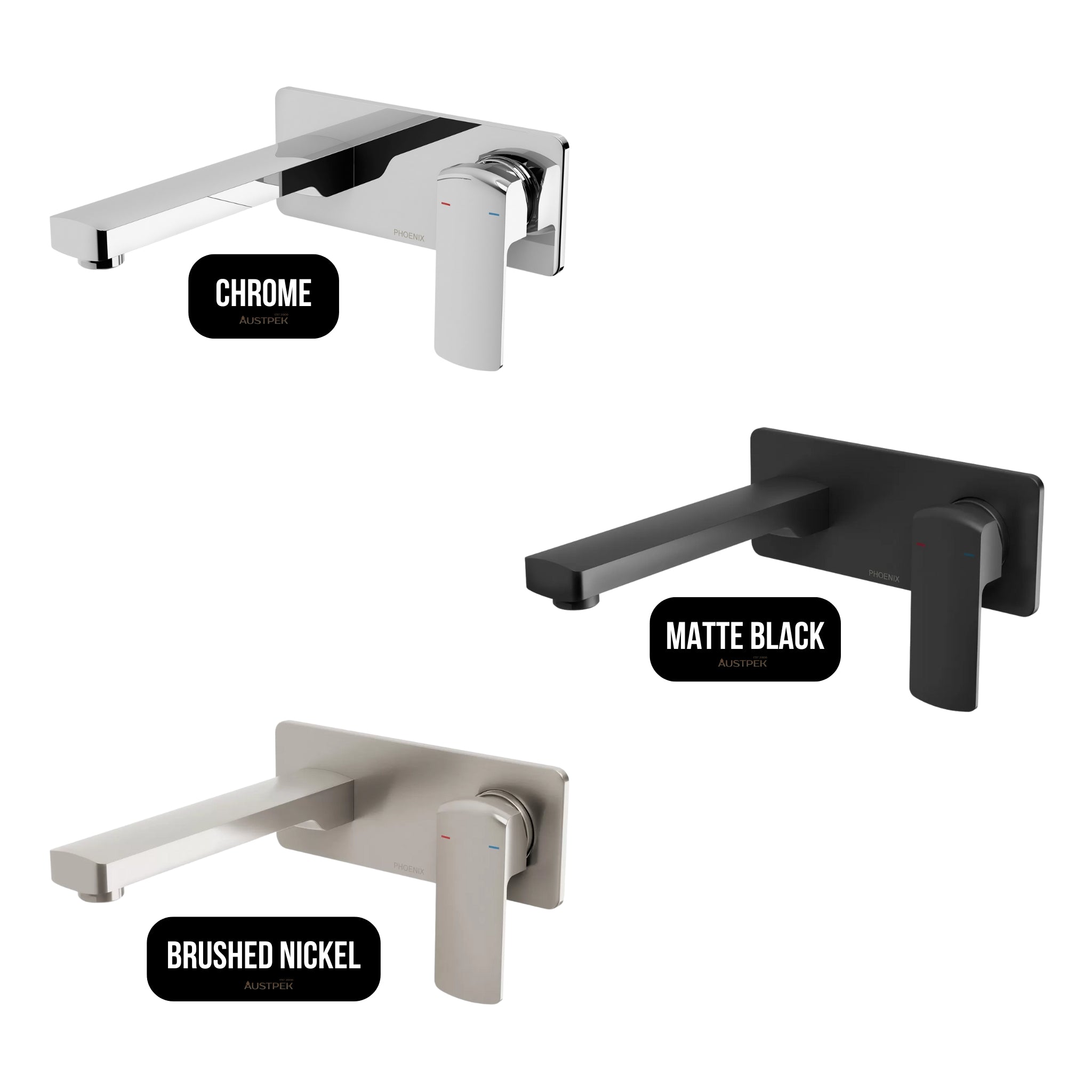 PHOENIX TEVA LEAD FREE WALL BASIN / BATH MIXER SET WITH TRIM KIT AND BODY 200MM BRUSHED NICKEL