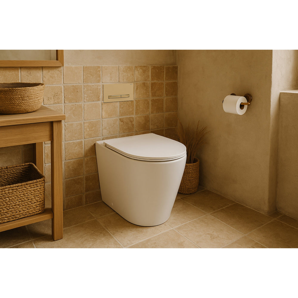 TURNER HASTINGS FINO WHISPERFLUSH RIMLESS FLOOR MOUNTED PAN AND SEAT WITH GEBERIT IN-WALL CISTERN AND FLUSH PLATE PACKAGE GLOSS WHITE