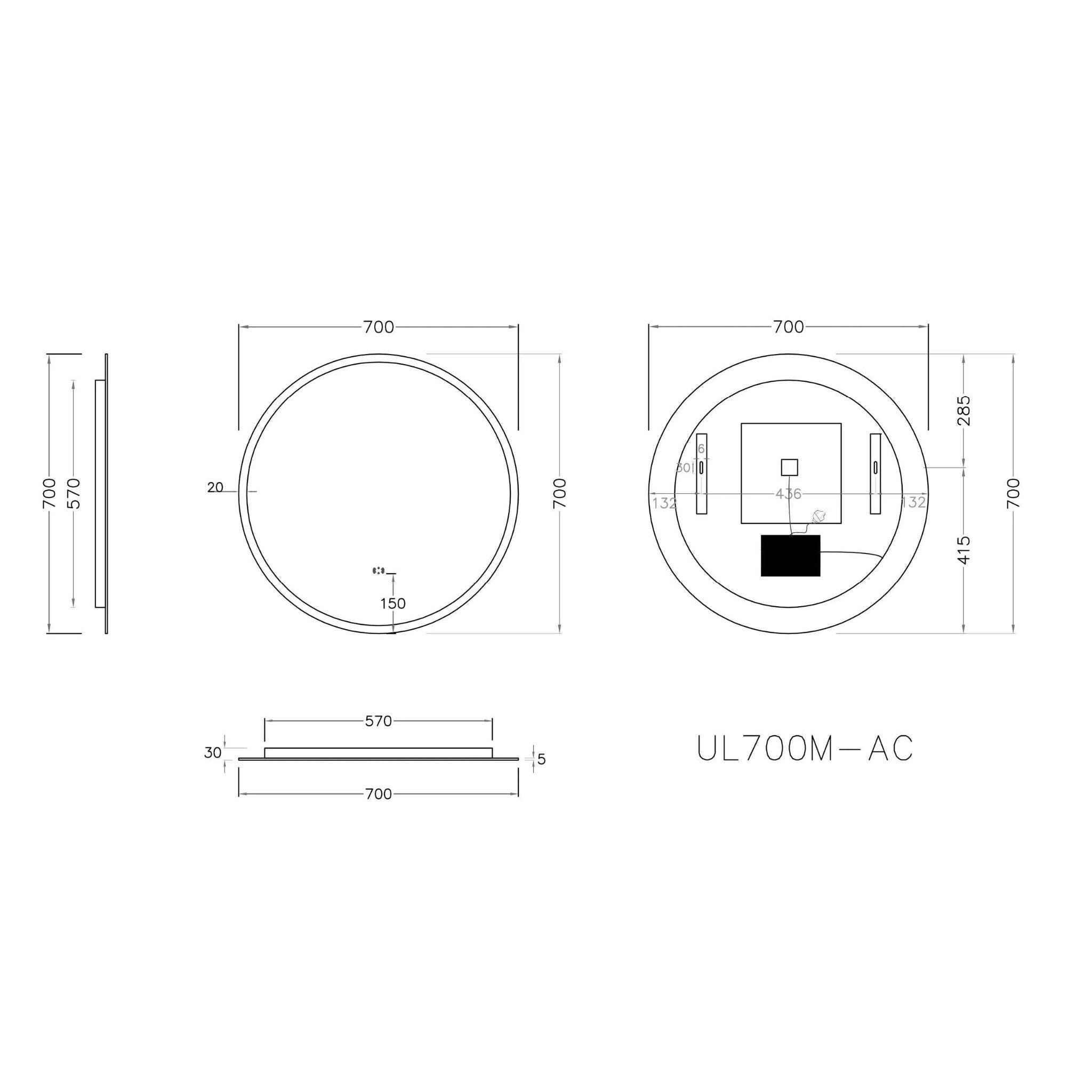 POSEIDON ACRYLIC ROUND BACKLIT LED MIRROR 3 COLOUR LIGHTS 700X700MM