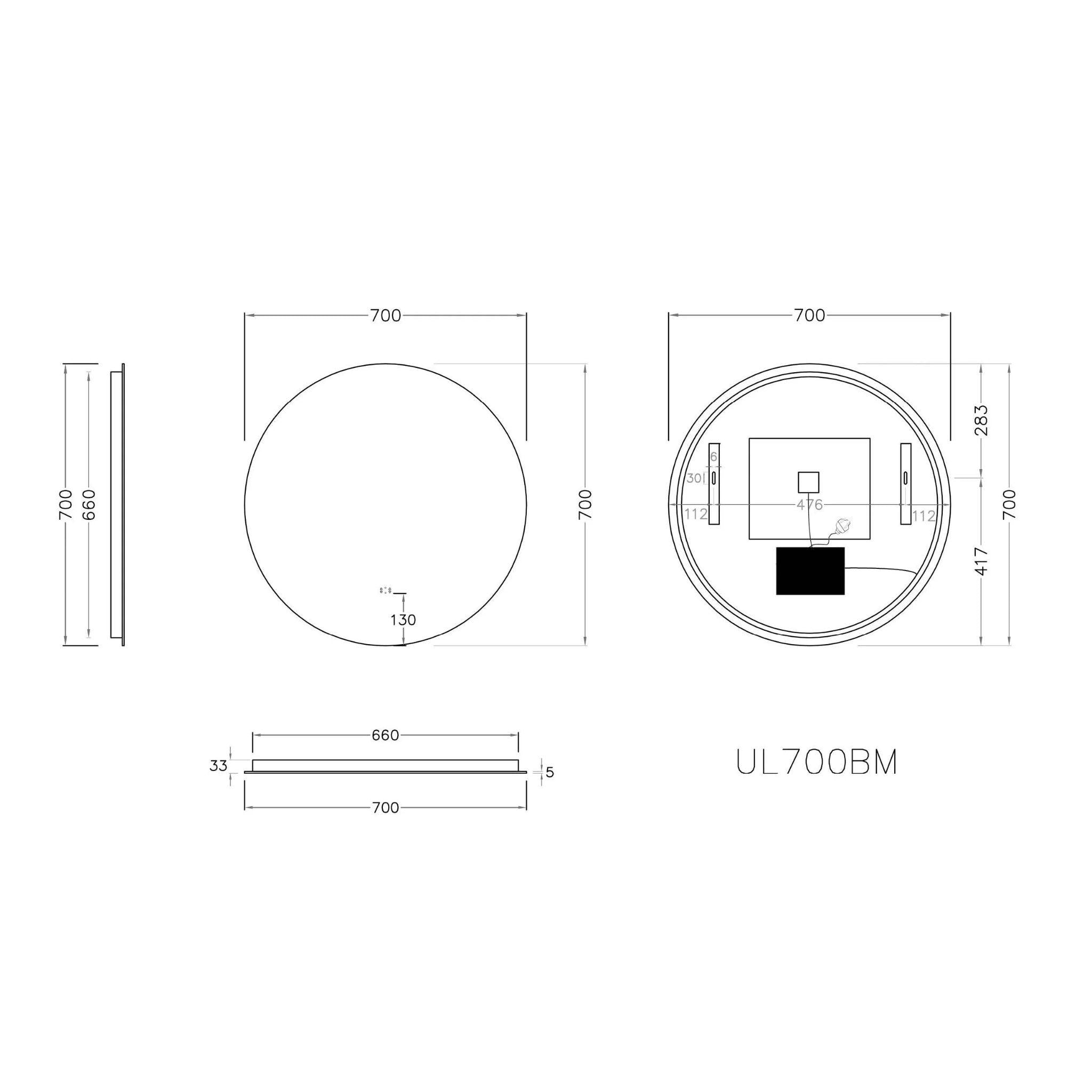 POSEIDON ROUND BACKLIT LED MIRROR 3 COLOUR LIGHTS 700X700MM