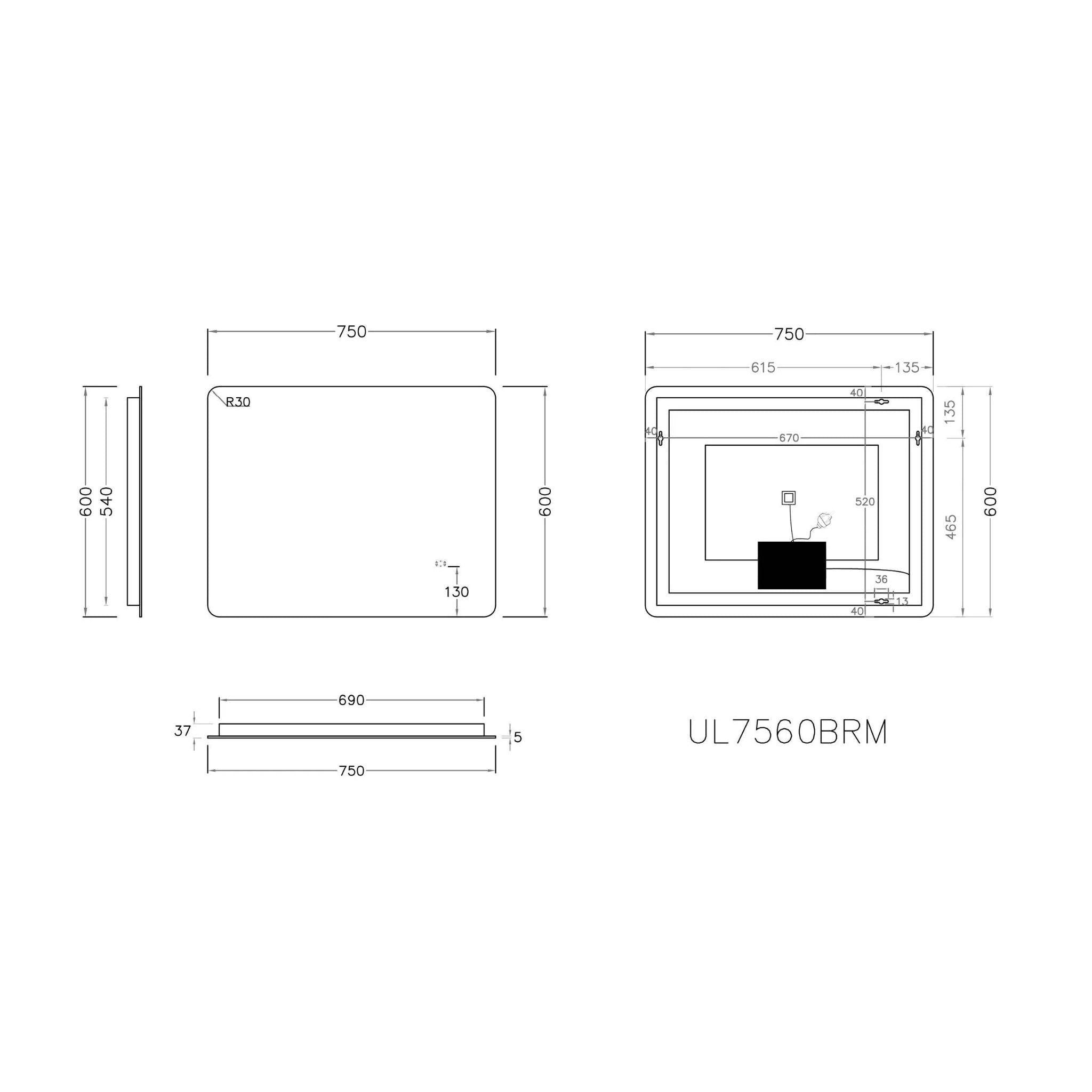 POSEIDON RECTANGLE CURVED RIM BACKLIT LED MIRROR 3 COLOUR LIGHT 750X600MM