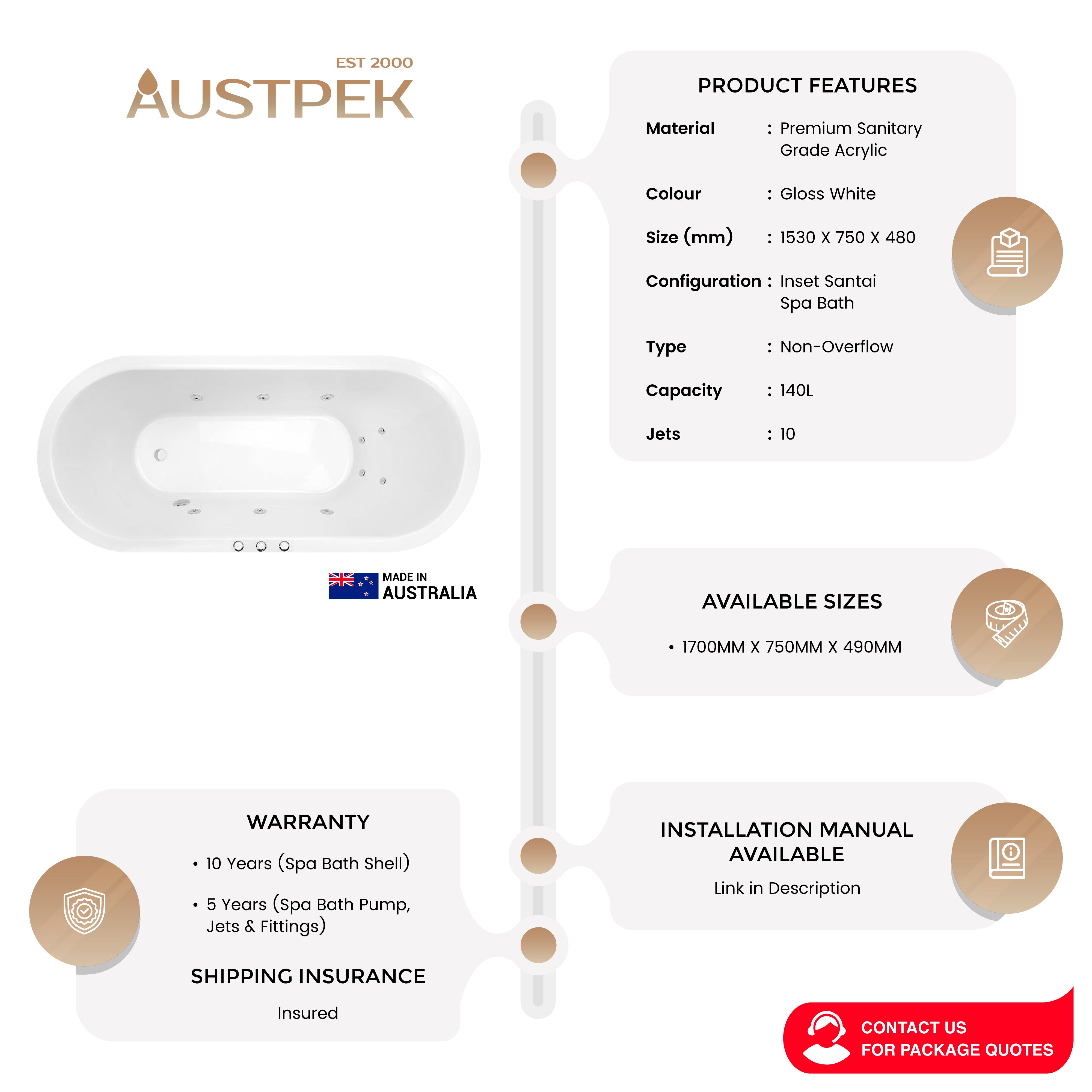 DECINA UNO INSET SANTAI SPA BATH GLOSS WHITE (AVAILABLE IN 1530MM AND 1700MM) WITH 10-JETS
