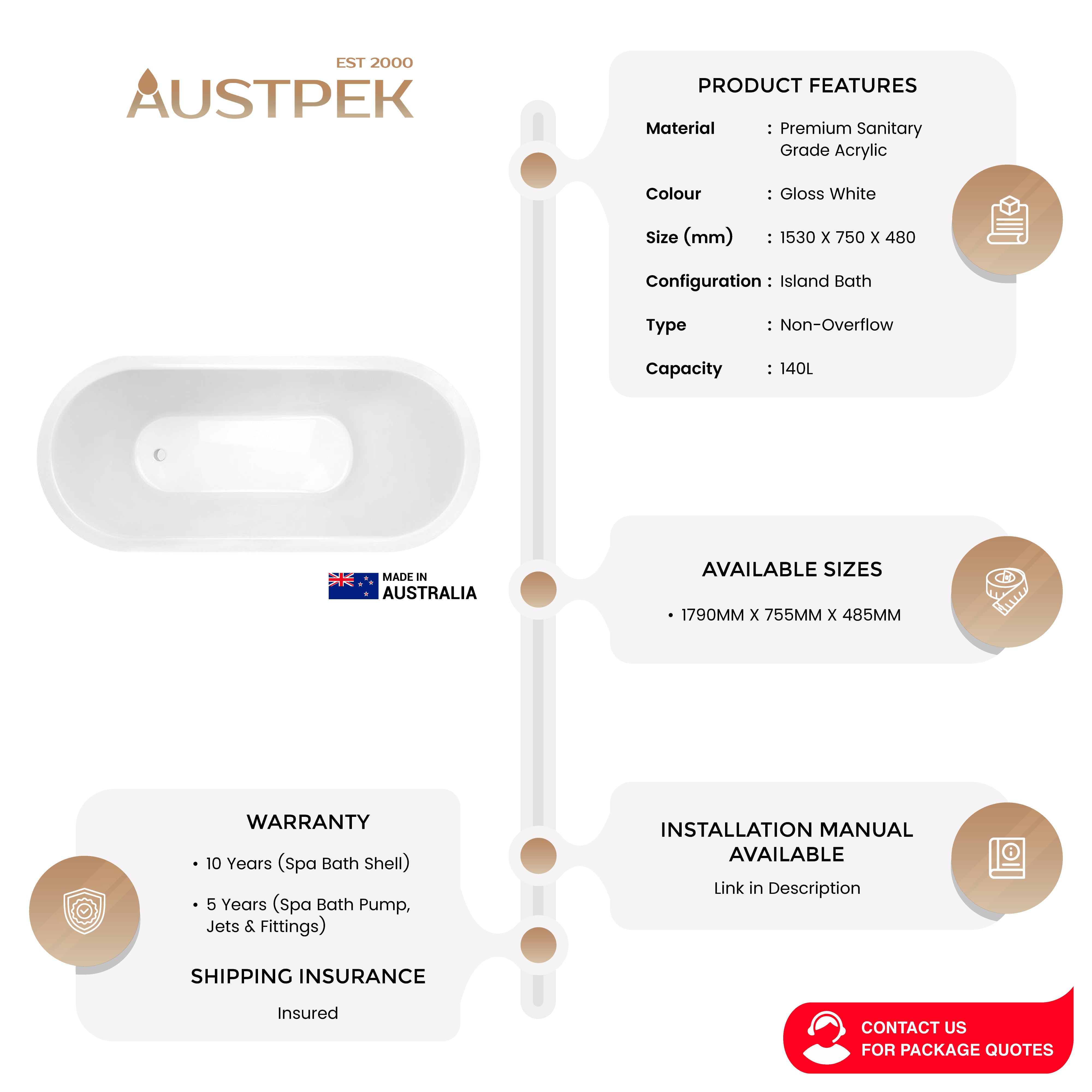 DECINA UNO ISLAND BATH GLOSS WHITE (AVAILABLE IN 1530MM AND 1700MM)