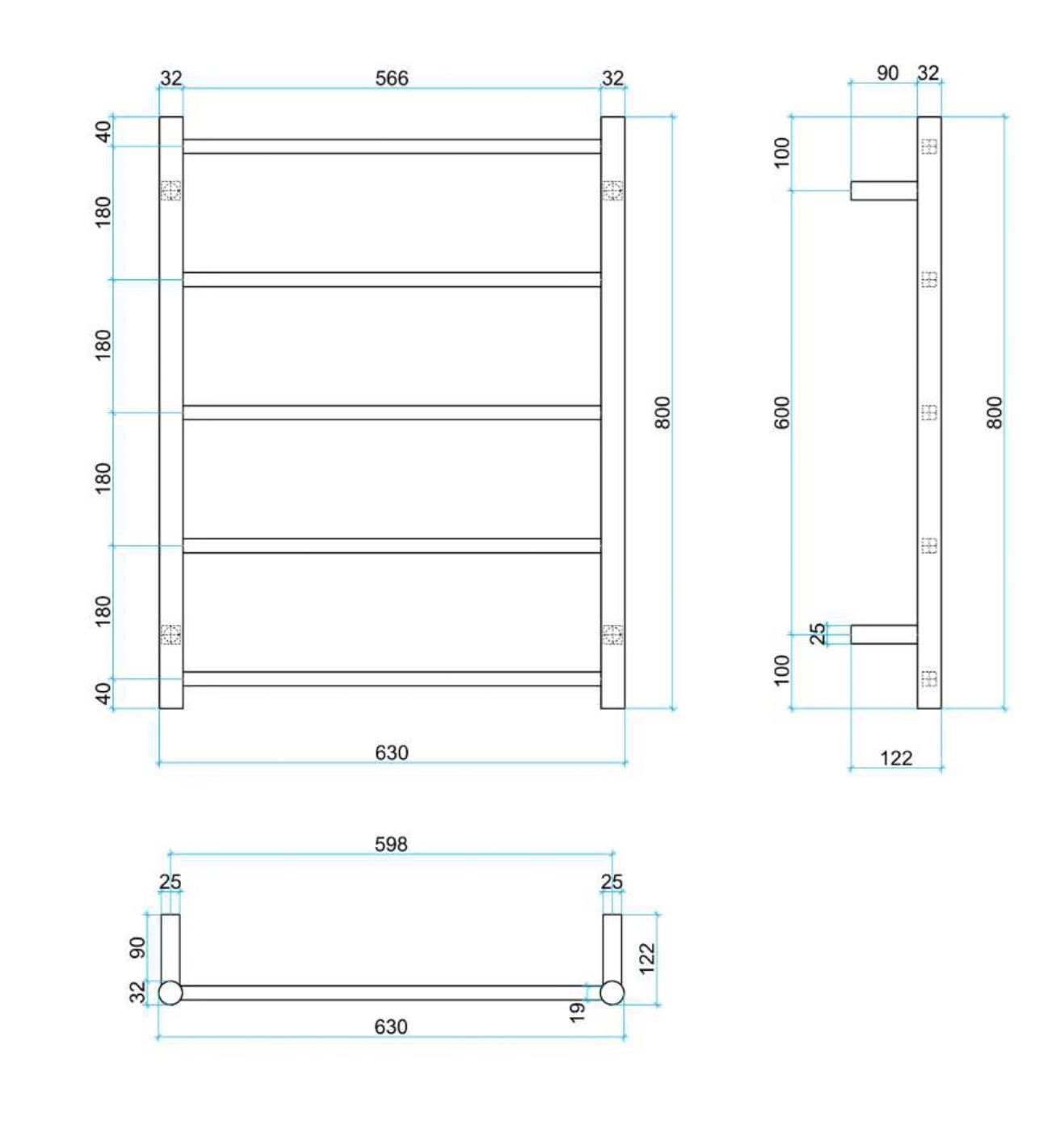 THERMOGROUP STRAIGHT ROUND LADDER TOWEL RAIL MATTE BLACK 630MM