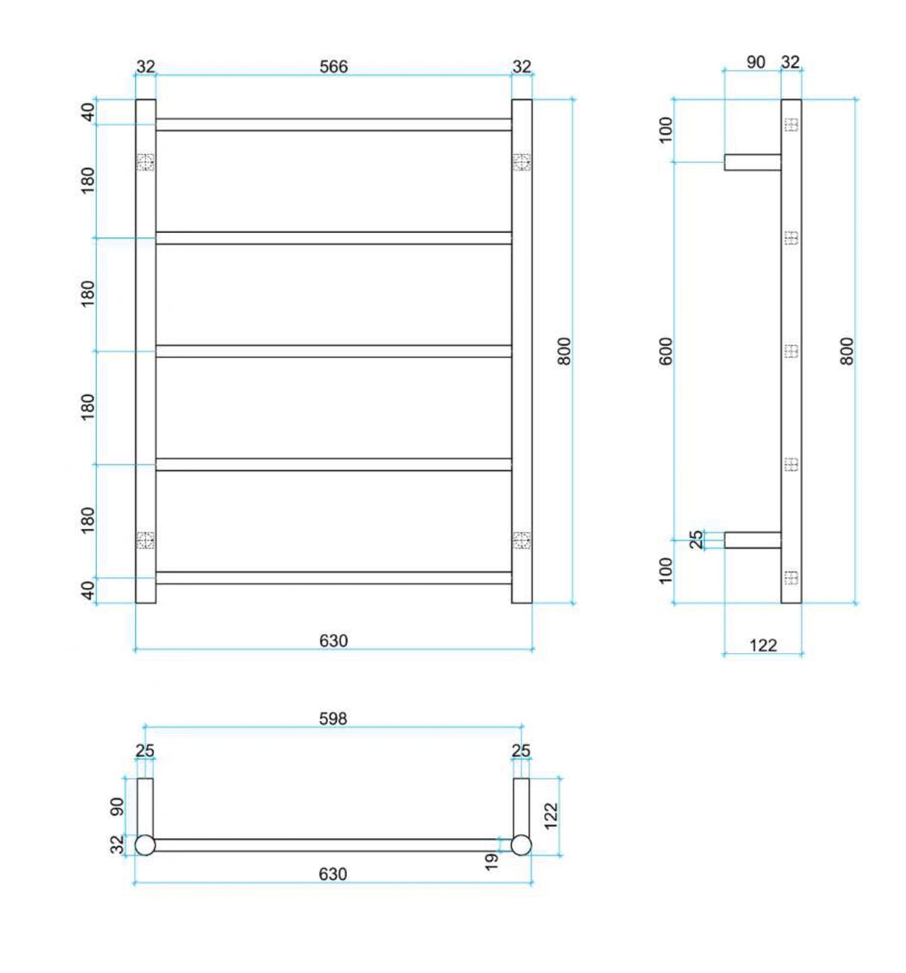 THERMOGROUP STRAIGHT NON-HEATED ROUND LADDER TOWEL RAIL MATTE BLACK 630MM