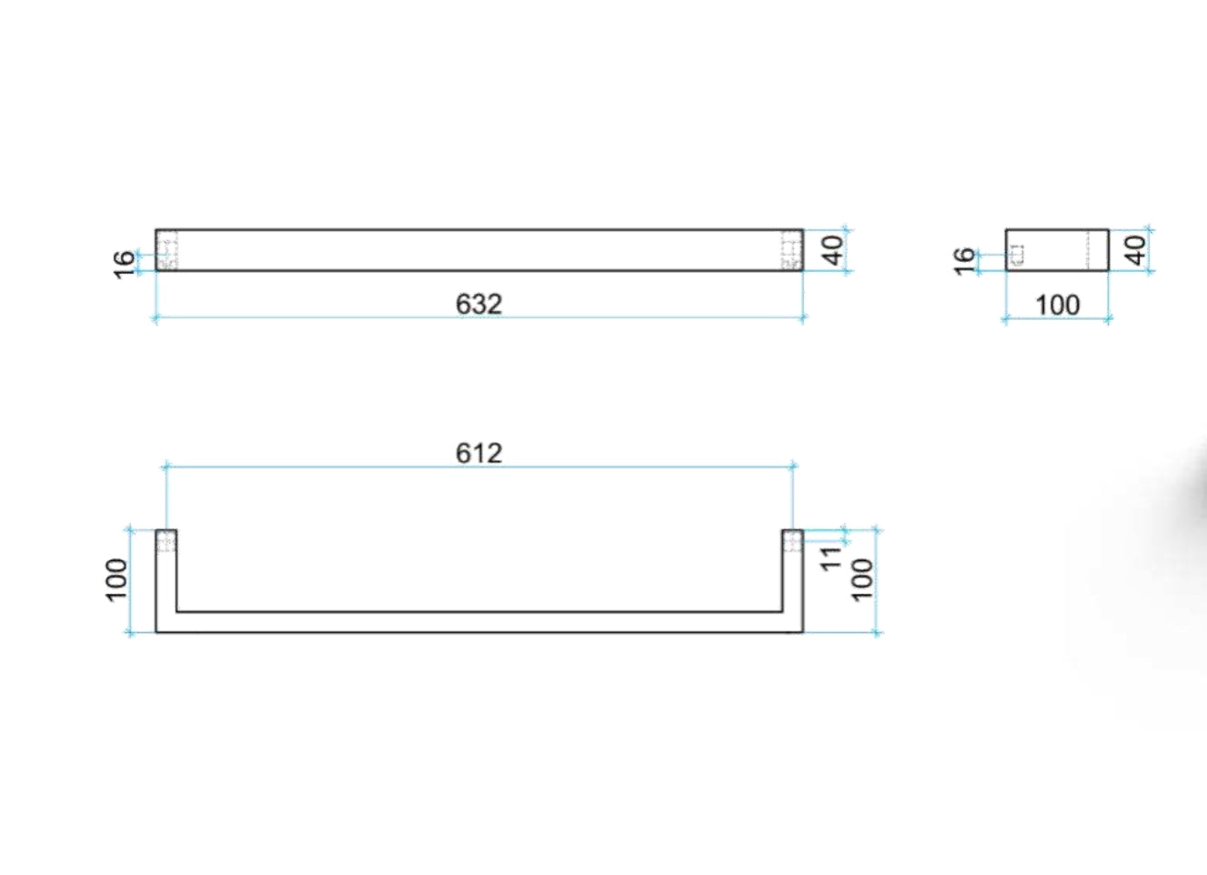 THERMOGROUP NON-HEATED SINGLE BAR TOWEL RAIL SQUARE STAINLESS STEEL 632MM