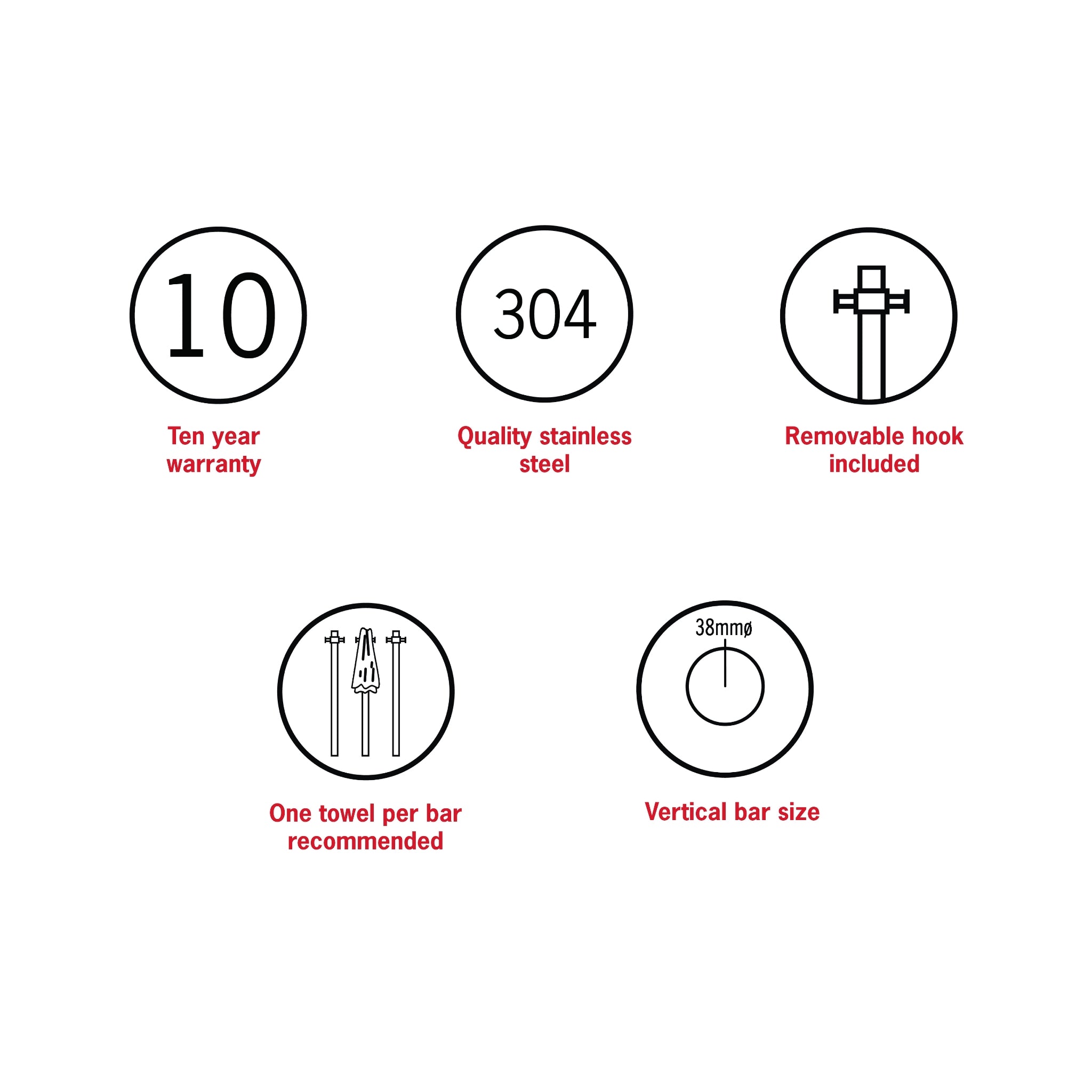 THERMOGROUP ROUND NON-HEATED VERTICAL SINGLE TOWEL RAIL POLISHED STAINLESS STEEL 142MM