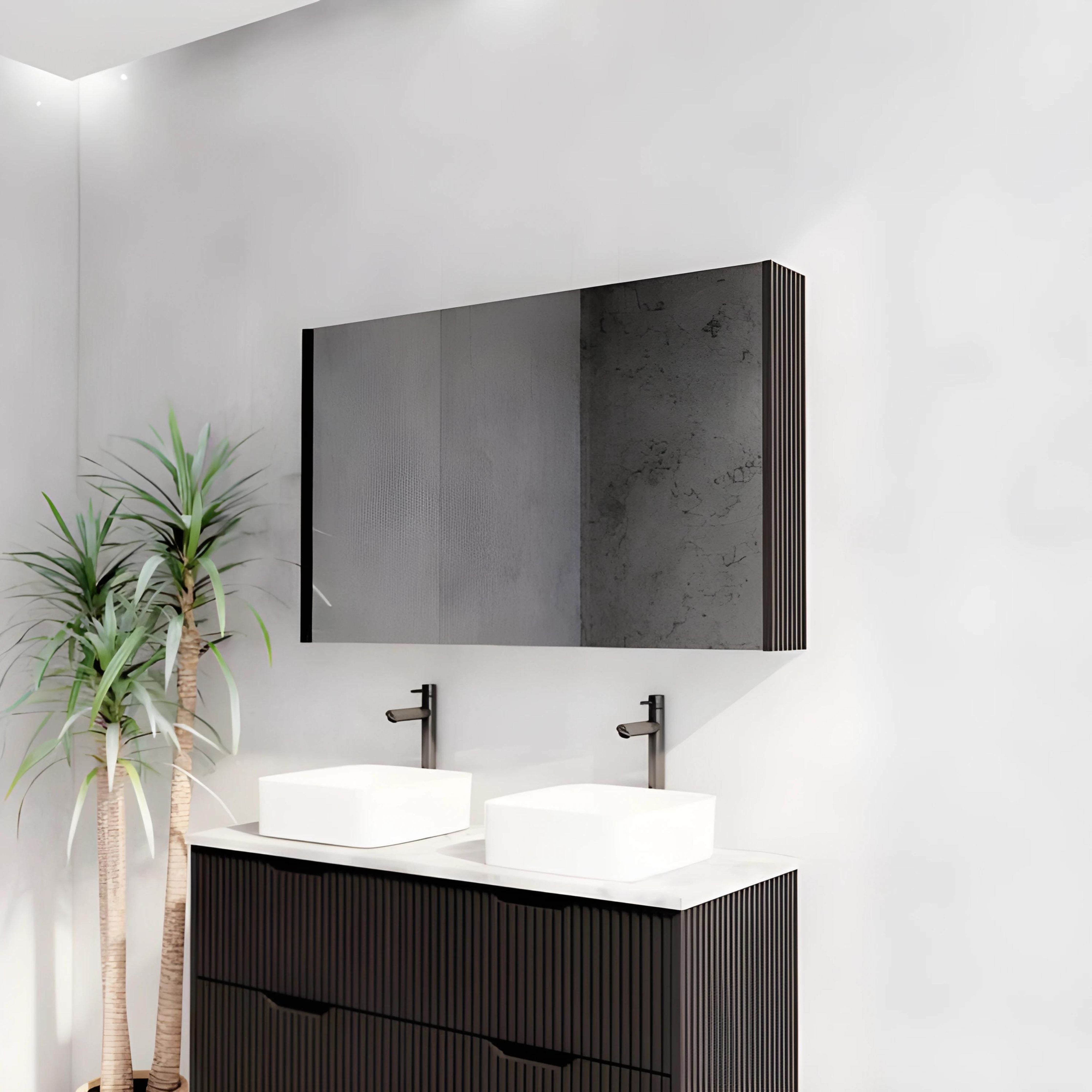 RIVA GENEVA MATTE BLACK FLUTED MIRROR CABINET 1200X720MM
