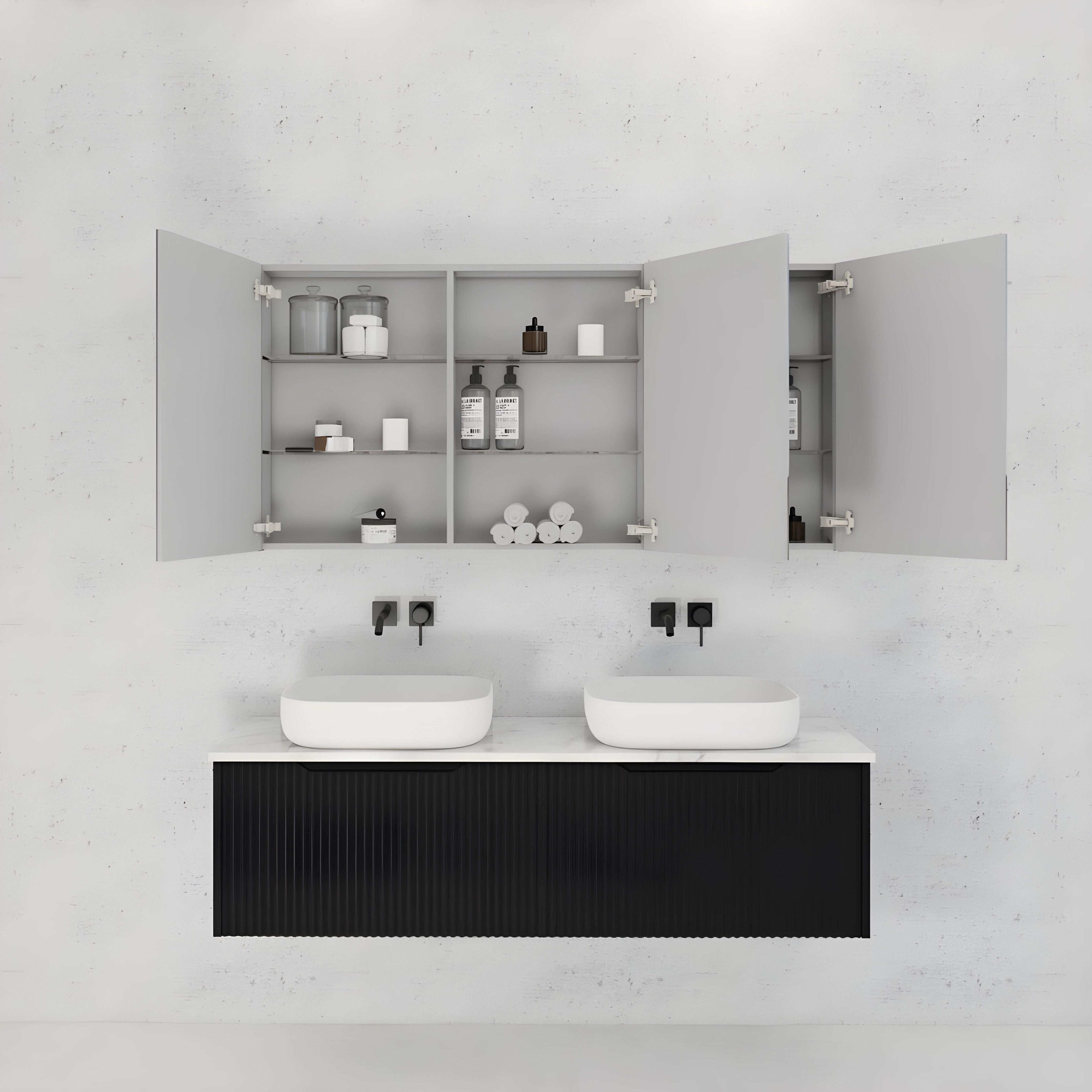 RIVA GENEVA MATTE BLACK FLUTED MIRROR CABINET 1500X720MM