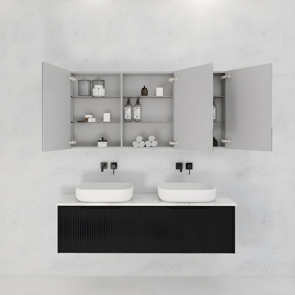 RIVA GENEVA MATTE BLACK FLUTED MIRROR CABINET 1500X720MM