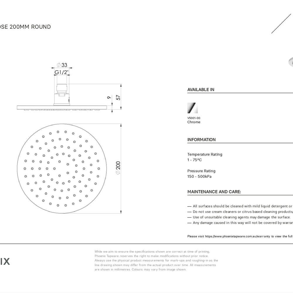 PHOENIX VIVID SHOWER ROSE ROUND 200MM CHROME
