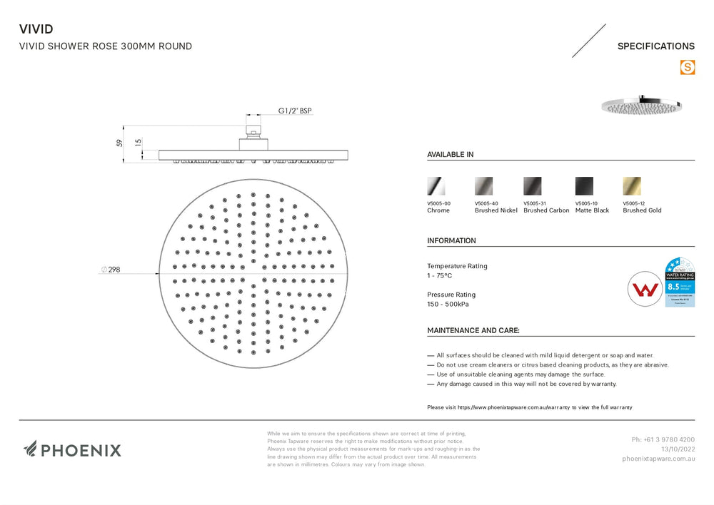PHOENIX VIVID SHOWER ROSE ROUND 300MM BRUSHED CARBON