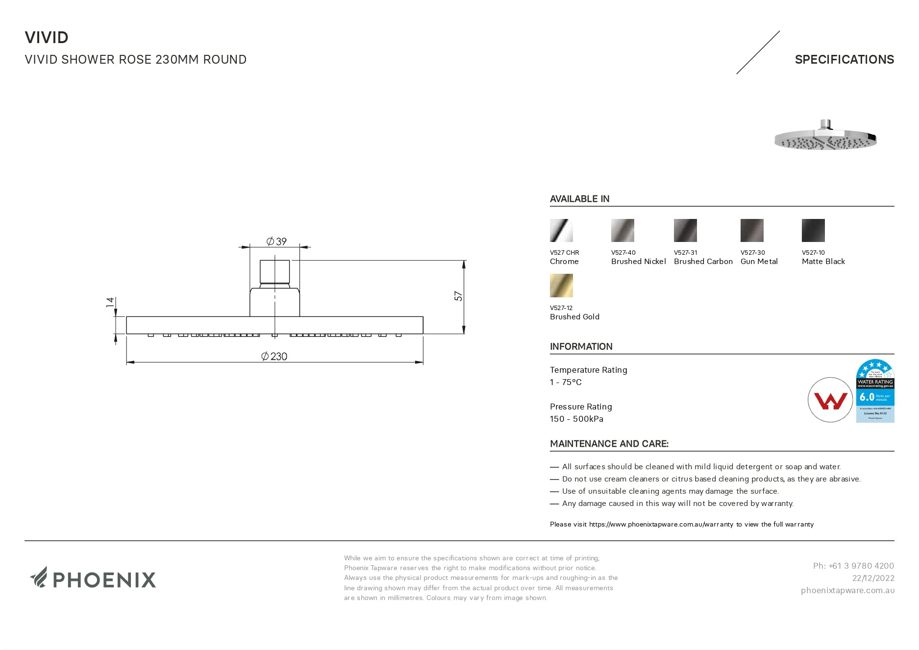 PHOENIX VIVID SHOWER ROSE ROUND 230MM MATTE BLACK