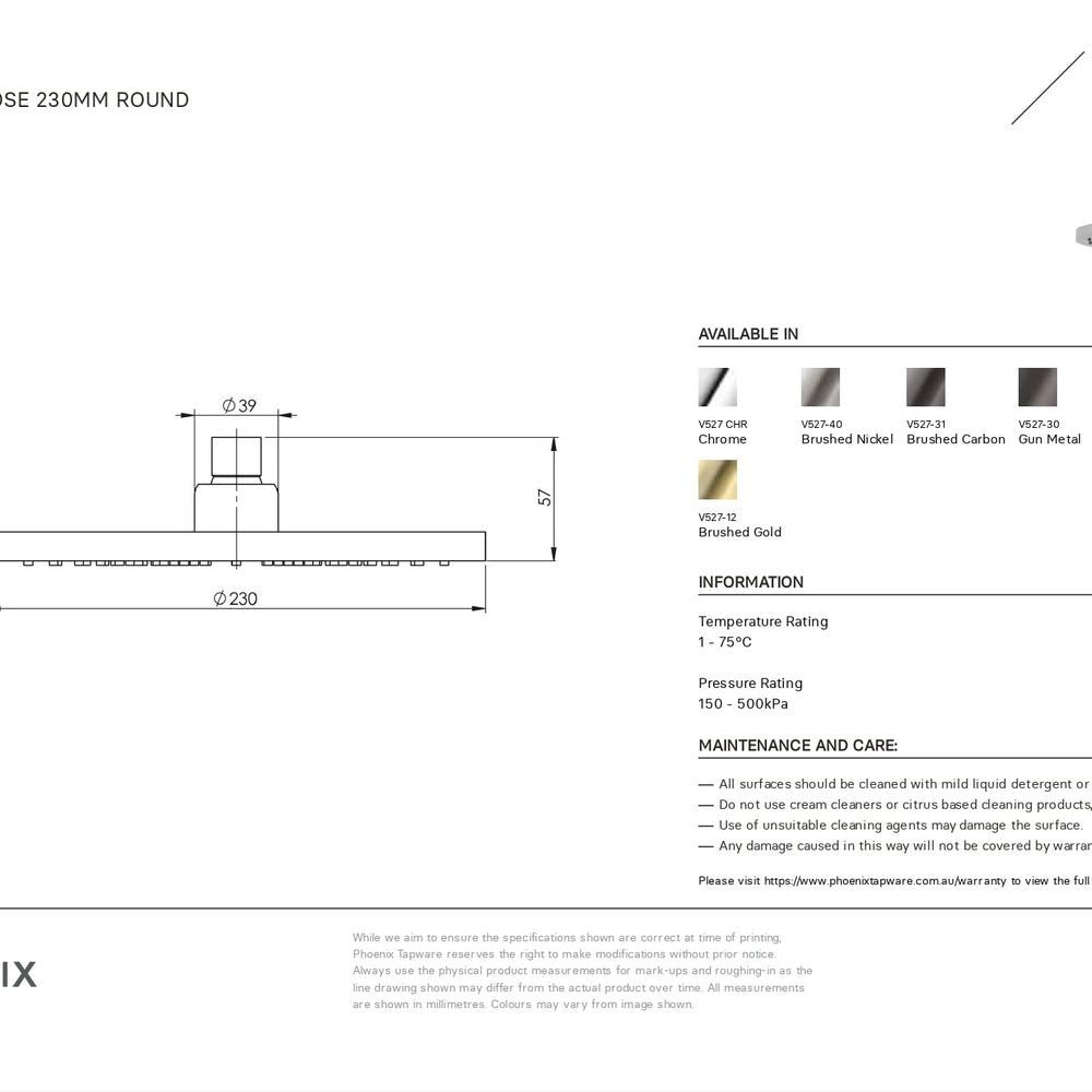 PHOENIX VIVID SHOWER ROSE ROUND 230MM BRUSHED NICKEL