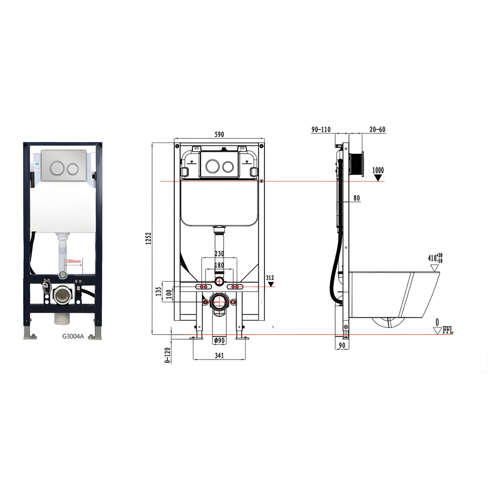 ZUMI NOVUS WALL HUNG SMART TOILET PACKAGE W/ INWALL CISTERN PUSH BUTTON AND REMOTE CONTROL (D-SHAPE) WHITE