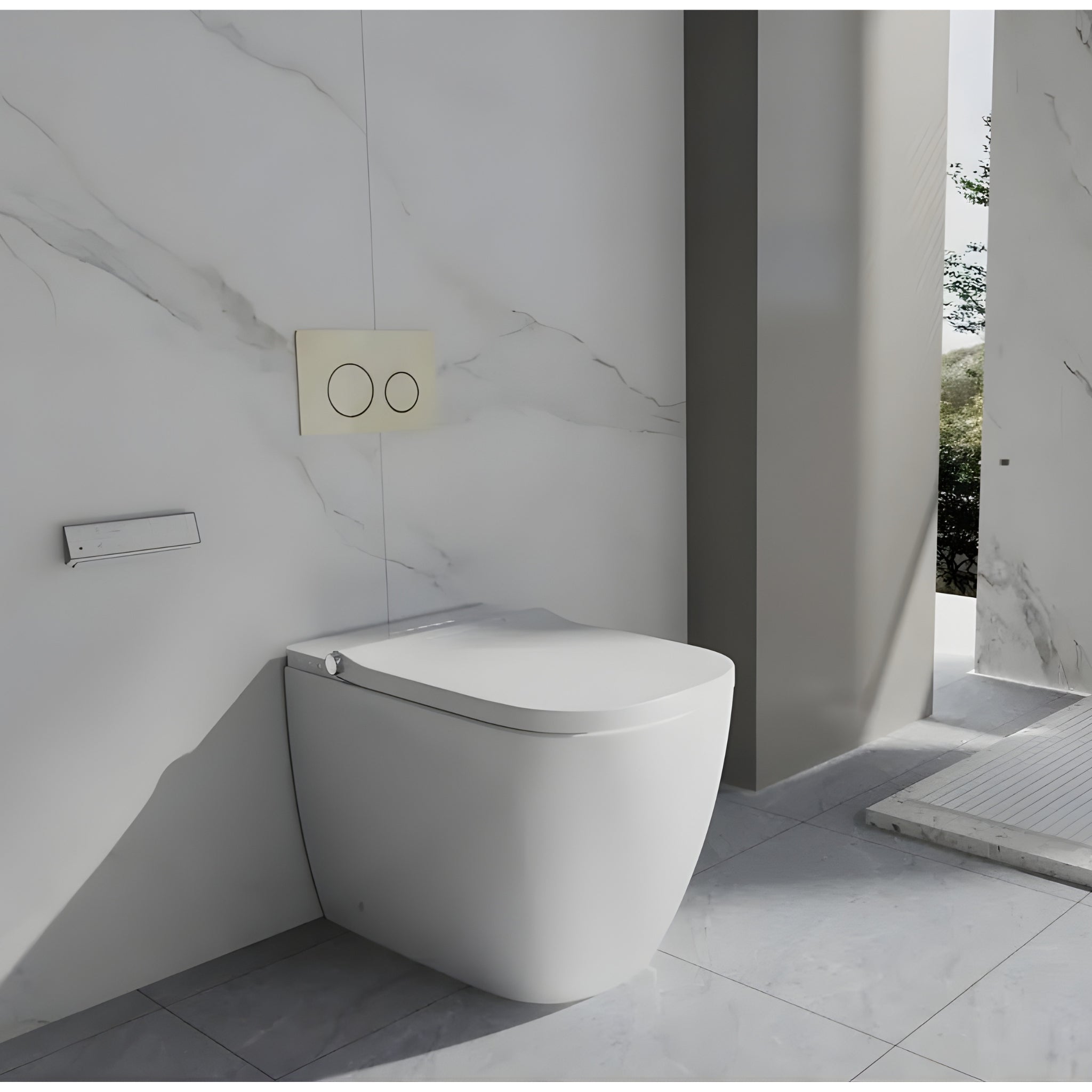 ZUMI NOVUS WALL FACED SMART TOILET PACKAGE W/ INWALL CISTERN PUSH BUTTON AND REMOTE CONTROL (D-SHAPE) WHITE