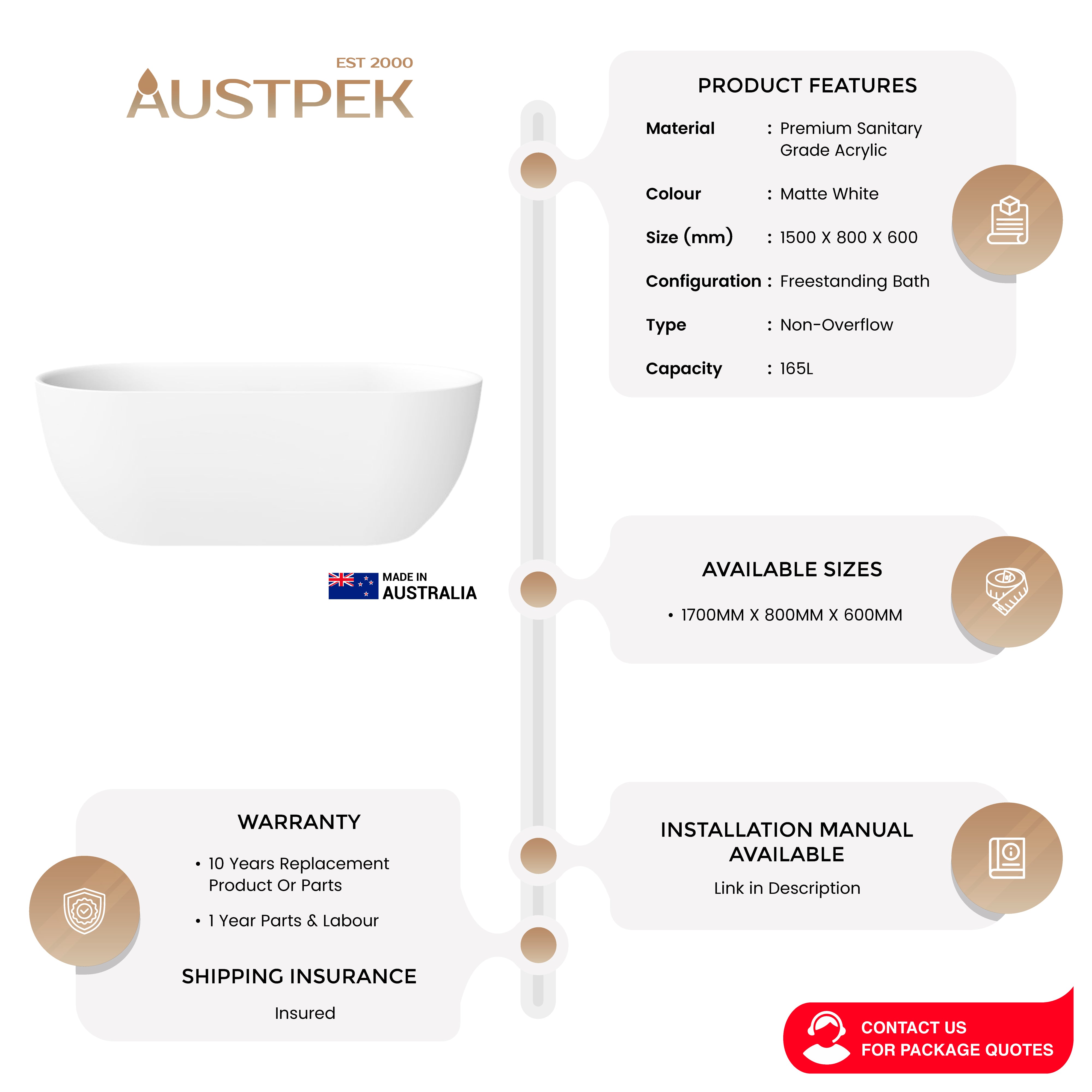 DECINA VALENTINA FREESTANDING BATH MATTE WHITE (AVAILABLE IN 1500MM AND 1700MM)