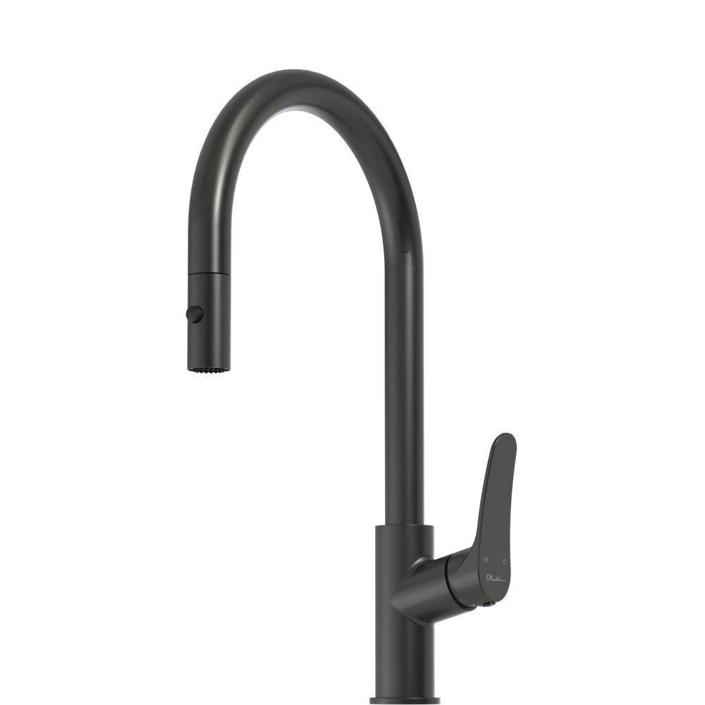 OLIVERI VERONA PULL OUT GOOSE NECK SPRAY MIXER 431MM GUN METAL