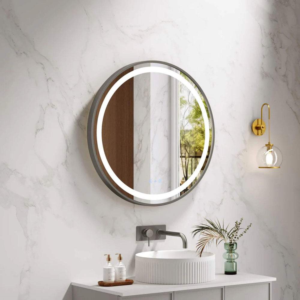 MERCIO VENUS FRAMED ROUND LED MIRROR GUN METAL 600X600MM