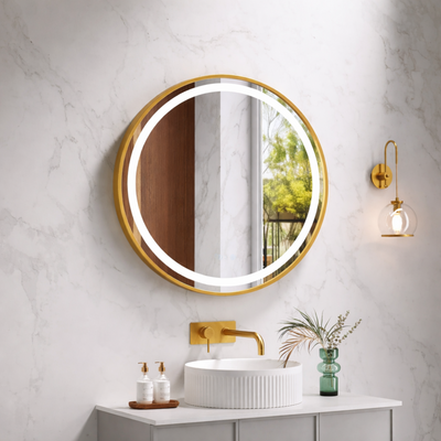 MERCIO VENUS FRAMED ROUND LED MIRROR BRUSHED GOLD 750X750MM