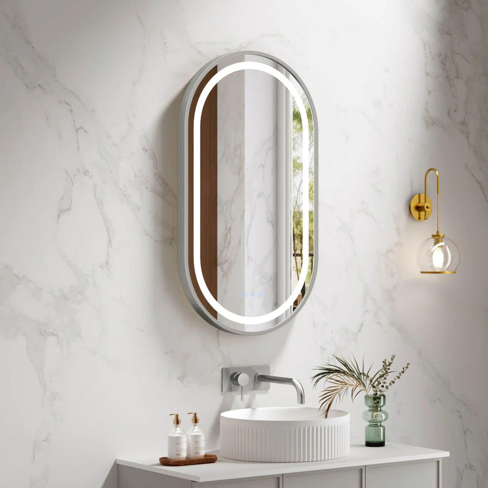 MERCIO VENUS FRAMED OVAL LED MIRROR BRUSHED NICKEL 500X900MM