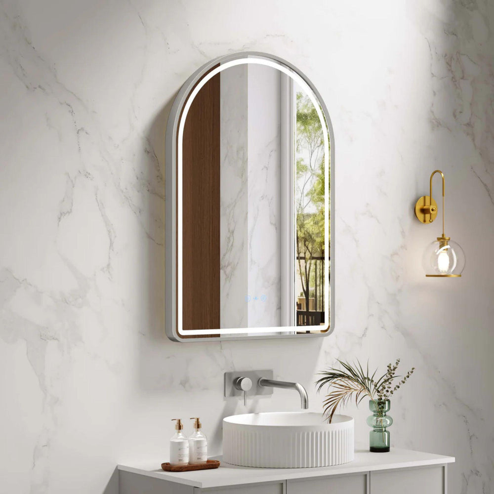 MERCIO VENUS FRAMED ARCH LED MIRROR BRUSHED NICKEL 600X900MM