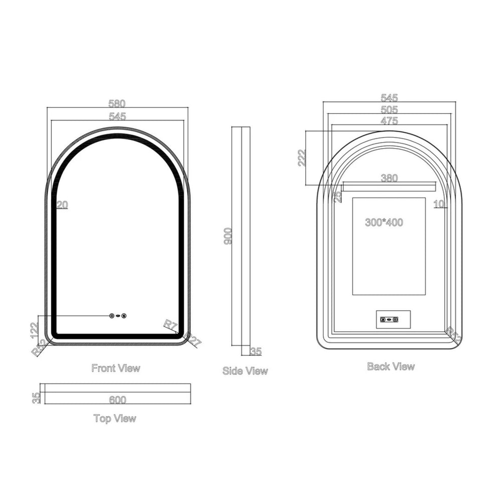 MERCIO VENUS FRAMED ARCH LED MIRROR BRUSHED NICKEL 600X900MM