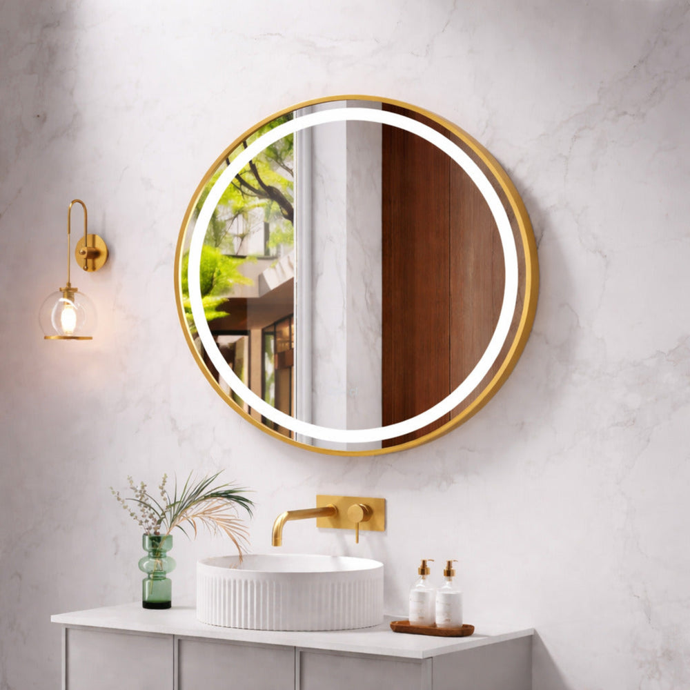 MERCIO VENUS FRAMED ROUND LED MIRROR BRUSHED GOLD 900X900MM