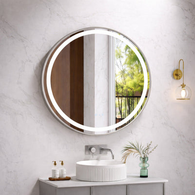 MERCIO VENUS FRAMED ROUND LED MIRROR BRUSHED NICKEL 900X900MM